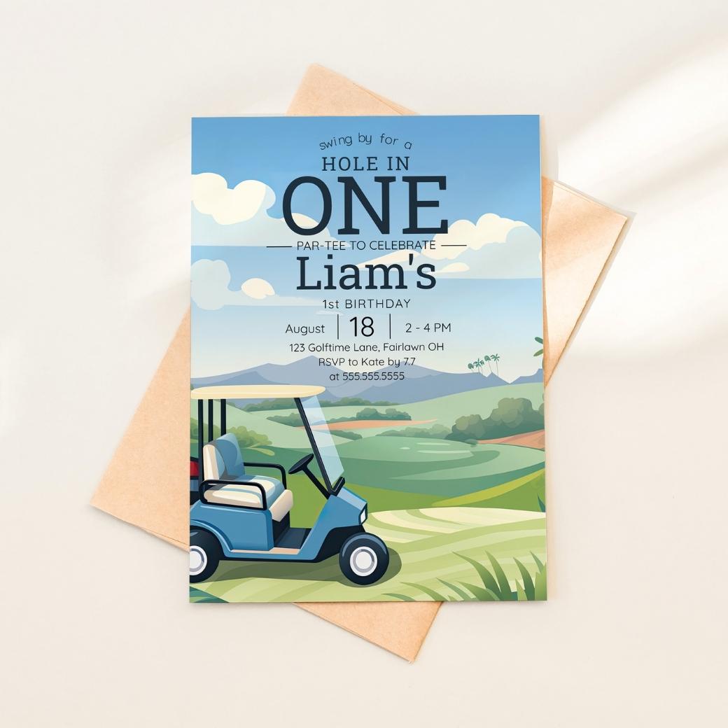 Hole in One Birthday Invite by Birchmark Designs