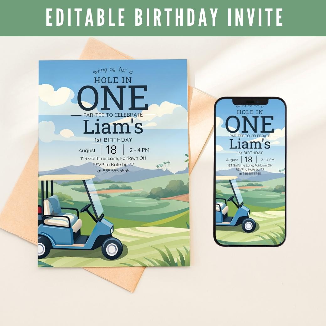 Hole in One Birthday Invite by Birchmark Designs