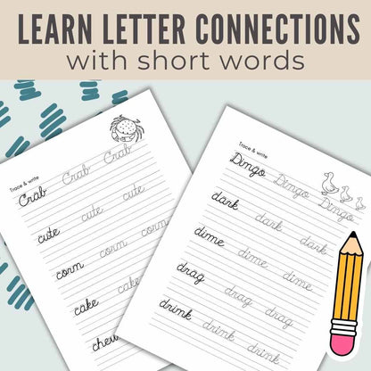 Cursive Handwriting Practice Worksheets for Kids by Birchmark Designs