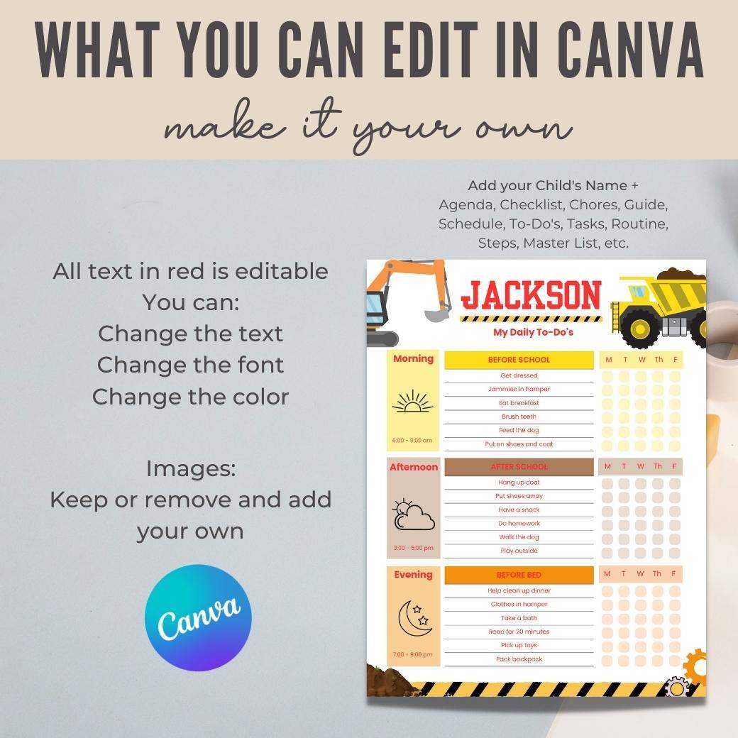 Construction Editable Daily Routine Checklist - Birchmark Designs