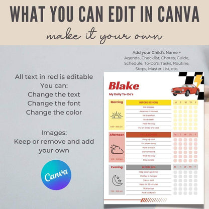 Race Car Editable Daily Routine Checklist by Birchmark Designs