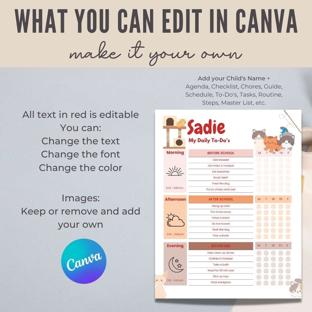Cat Lover Editable Daily Routine Checklist by Birchmark Designs