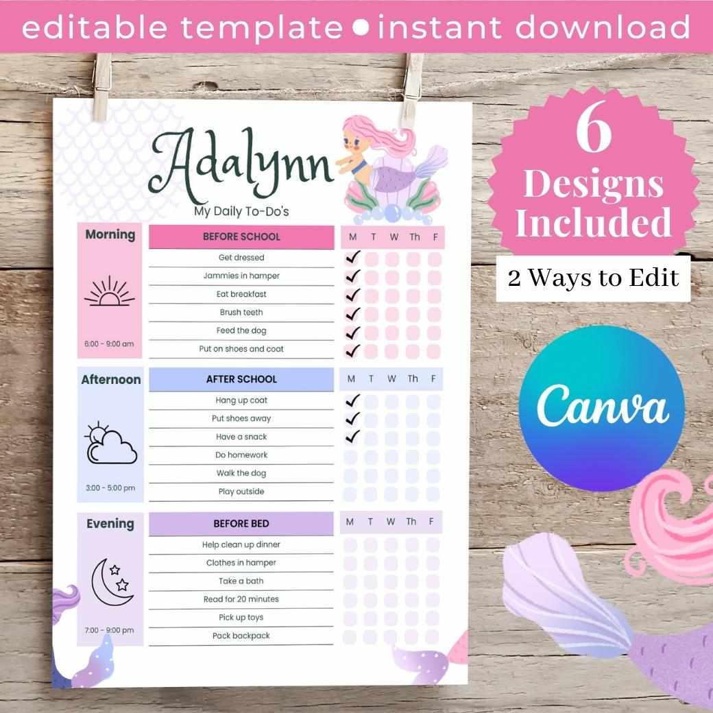 Mermaid Editable Daily Routine Checklist by Birchmark Designs