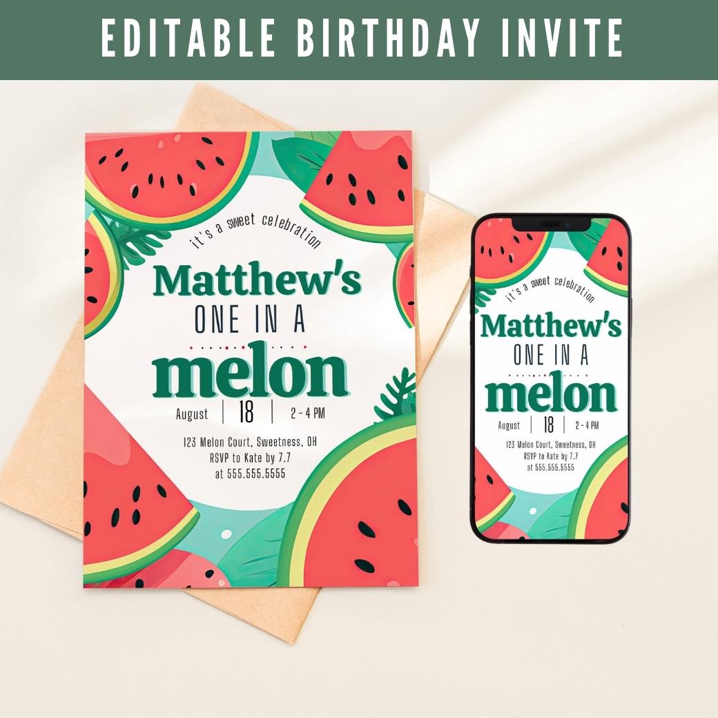 One in a Melon First Birthday Invite by Birchmark Designs