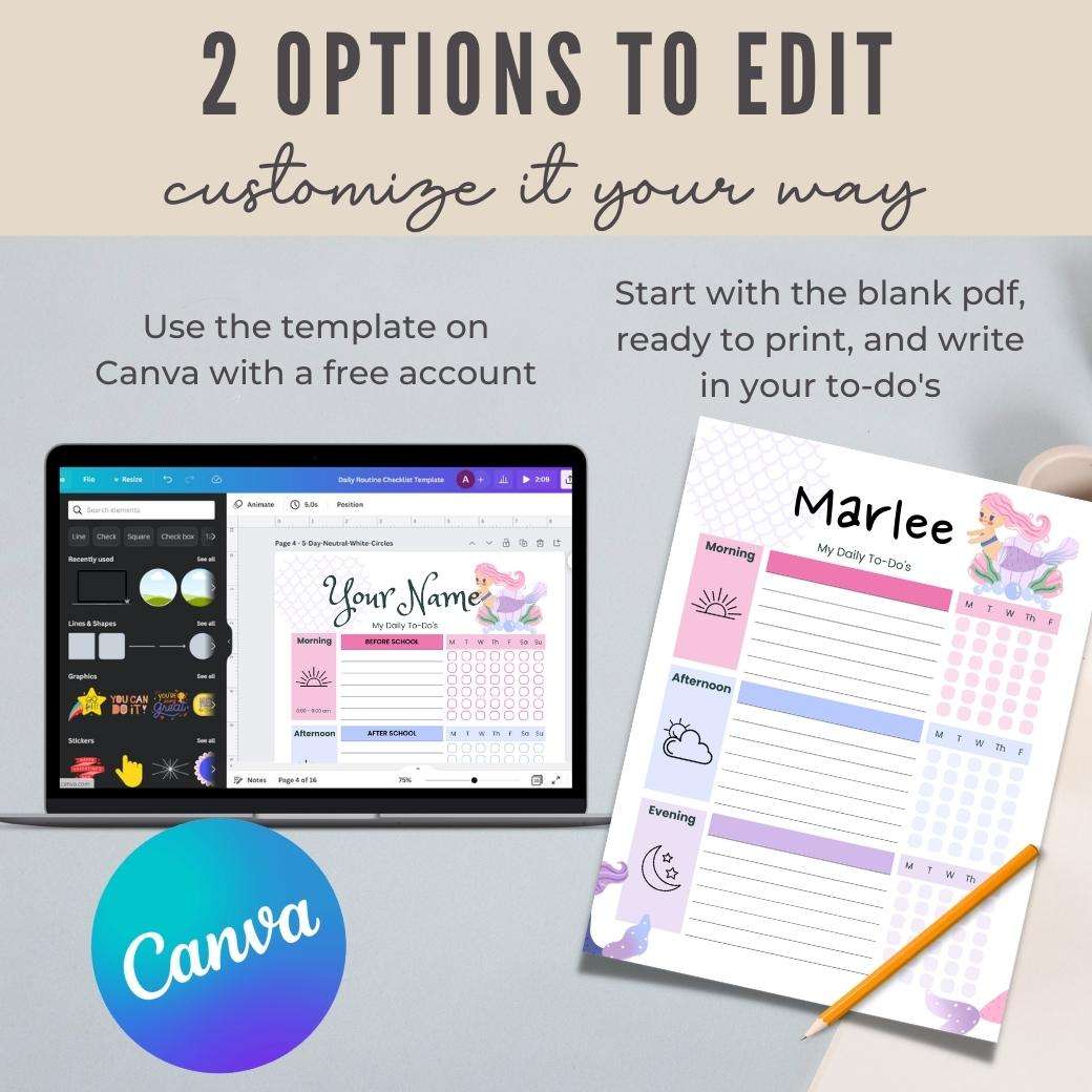Mermaid Editable Daily Routine Checklist by Birchmark Designs