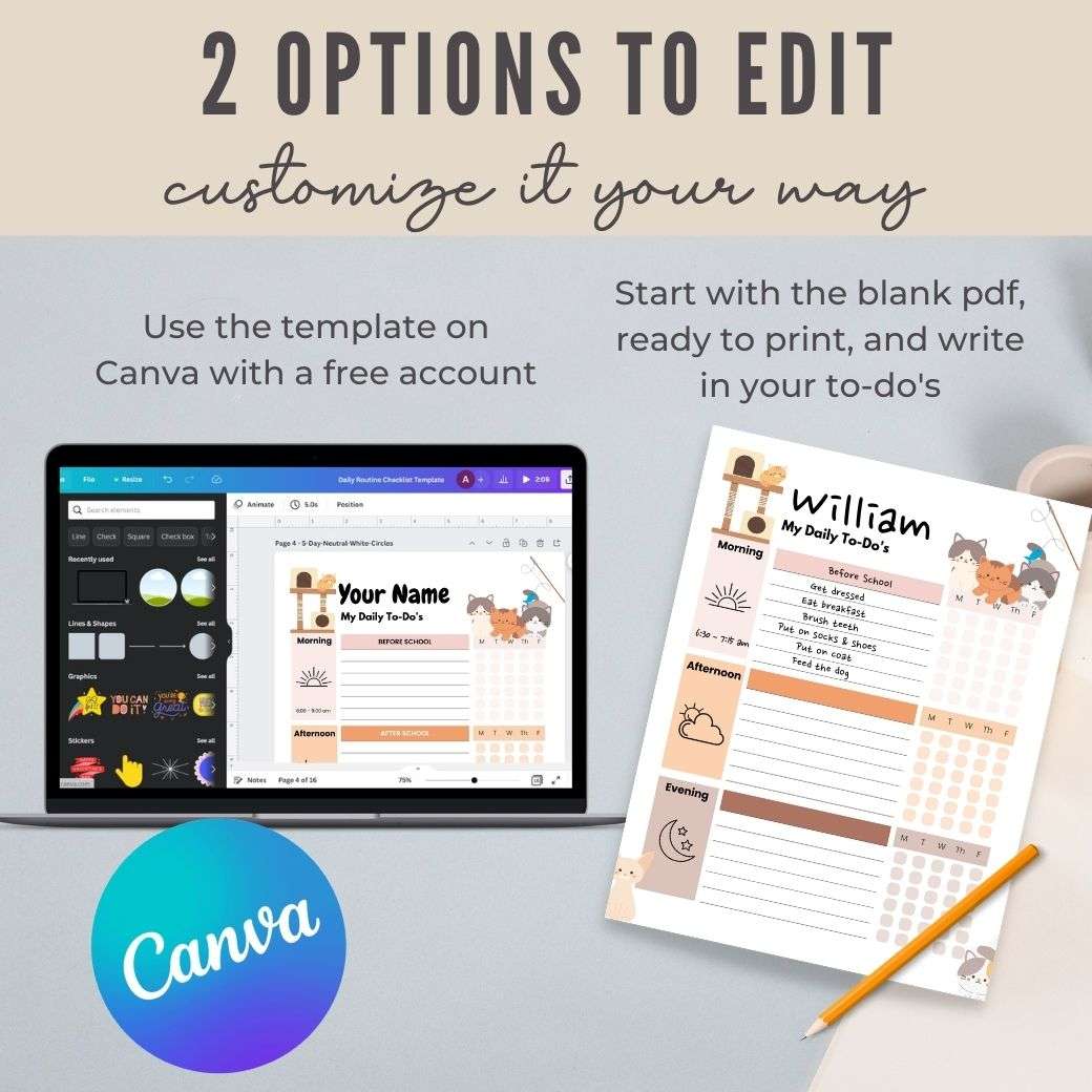 Cat Lover Editable Daily Routine Checklist by Birchmark Designs
