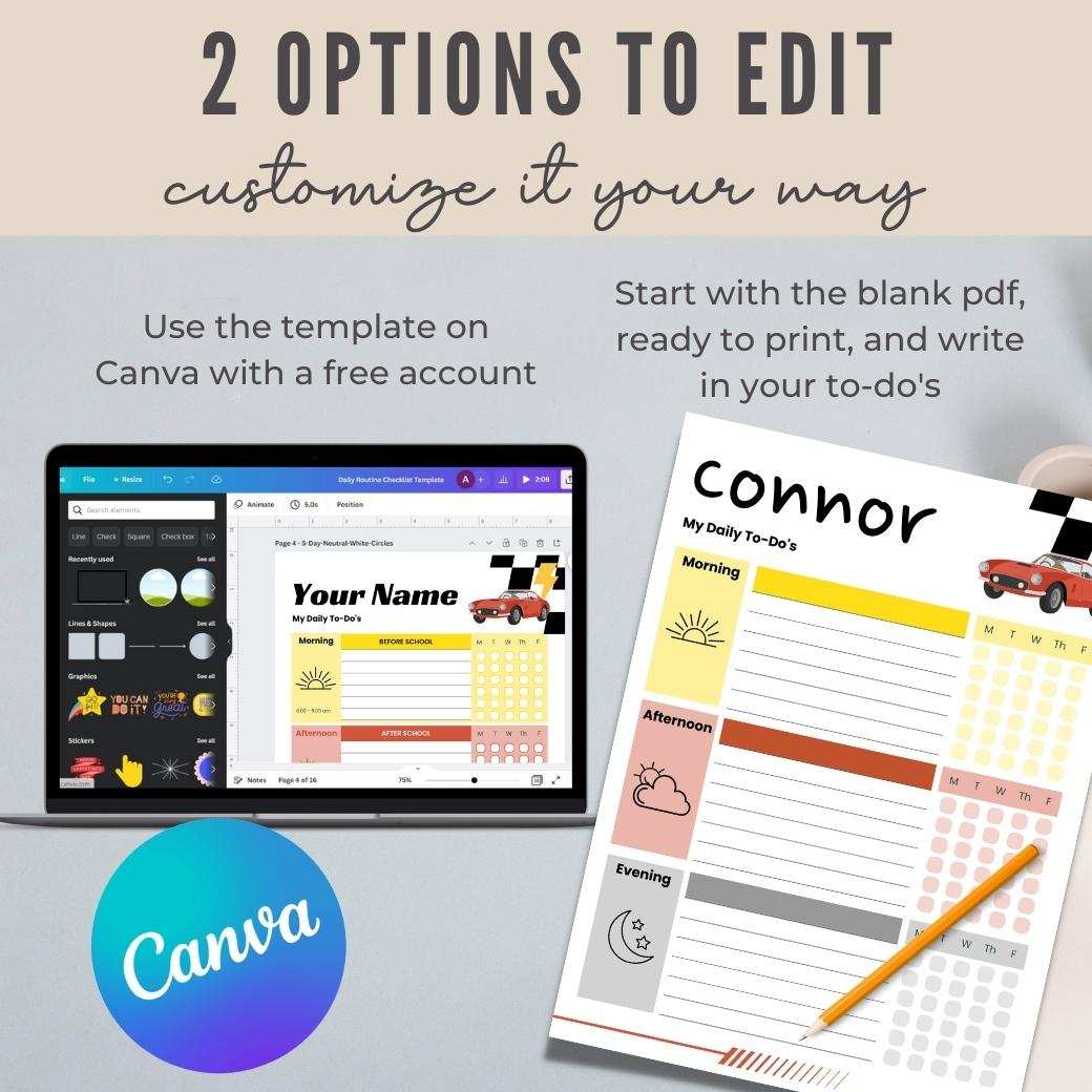Race Car Editable Daily Routine Checklist by Birchmark Designs