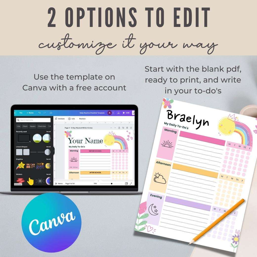 Rainbow Editable Daily Routine Checklist by Birchmark Designs