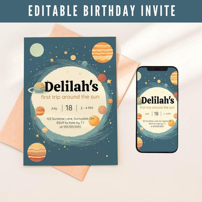 Outer Space First Birthday Invite by Birchmark Designs