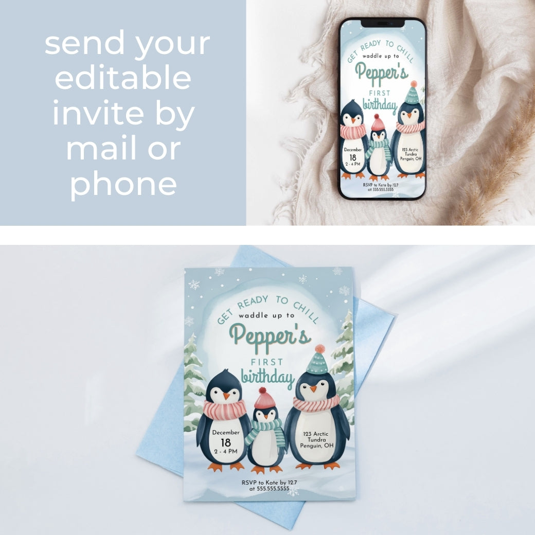 Penguin Palooza First Birthday Invite by Birchmark Designs