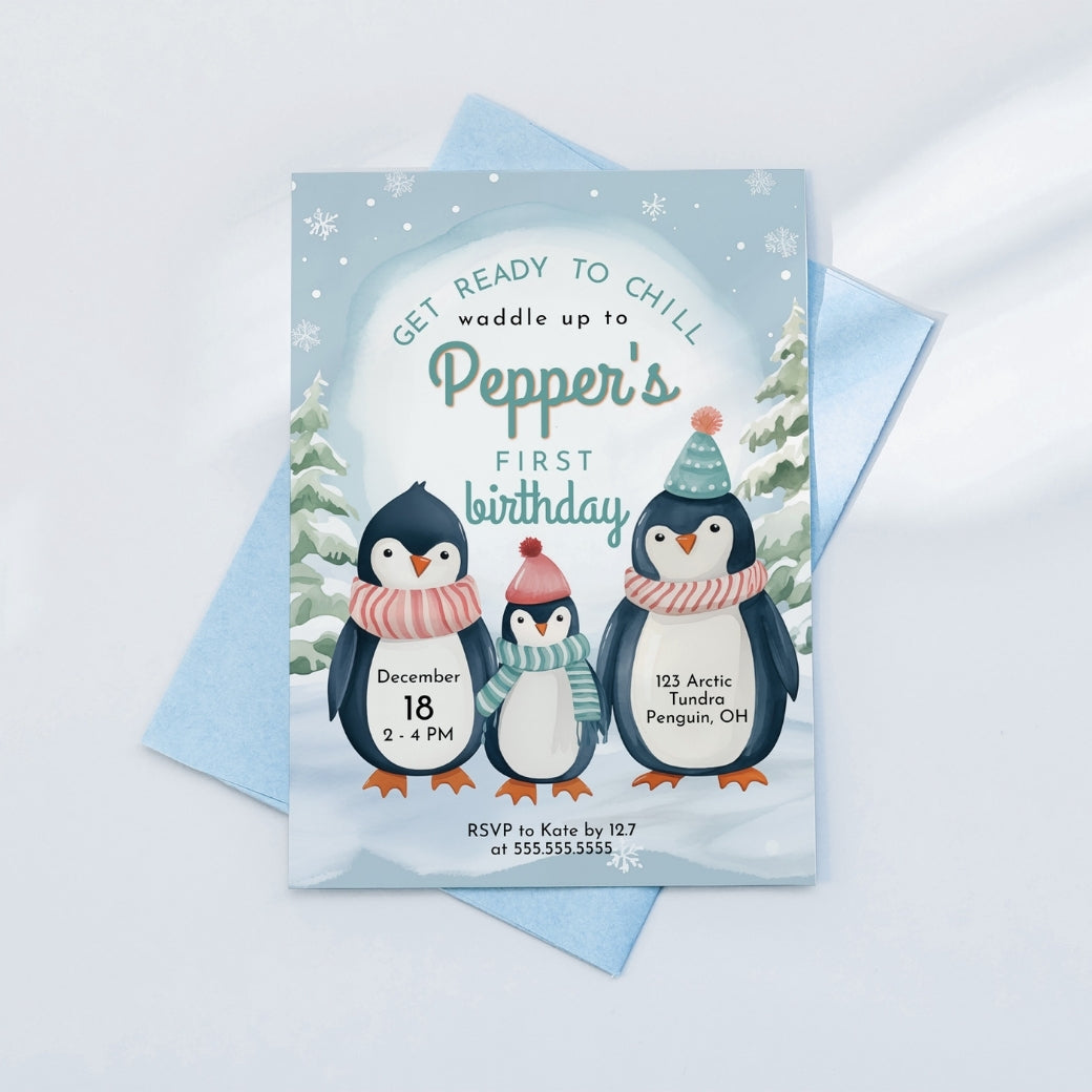 Penguin Palooza First Birthday Invite by Birchmark Designs