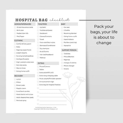 Printable Baby Checklists for Pregnancy Hospital Bag Checklist by Birchmark Designs