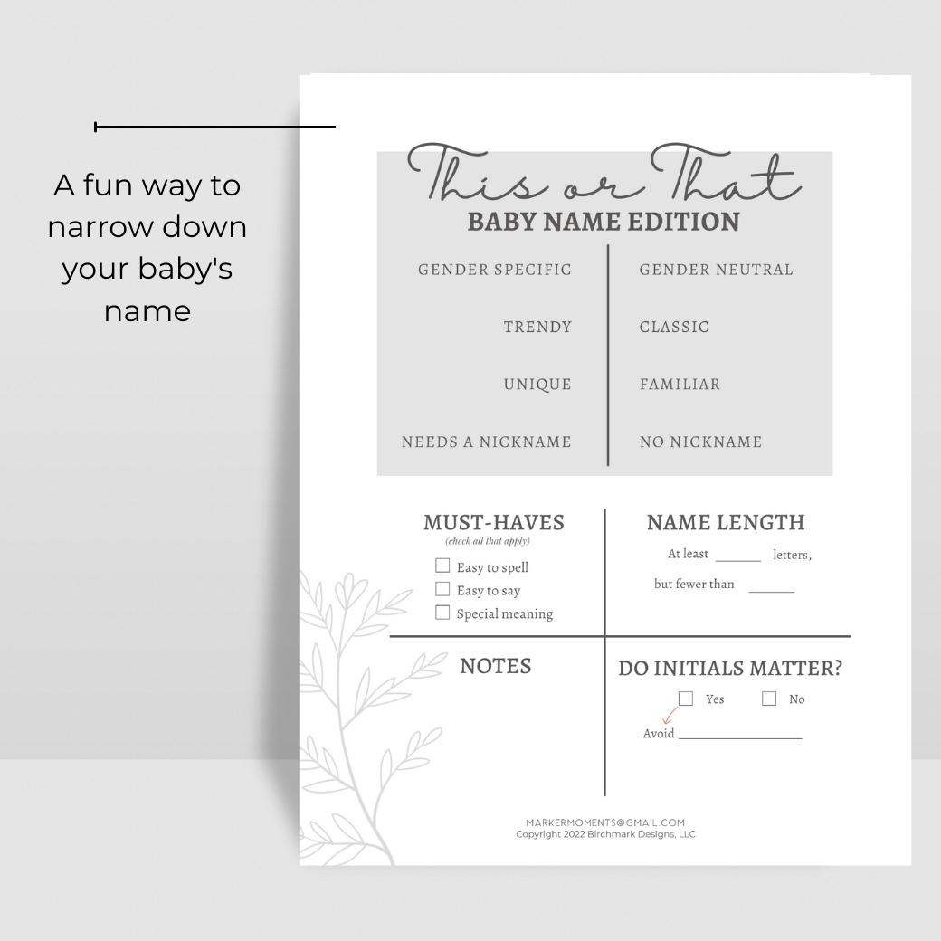 Printable Baby Checklists for Pregnancy This or That by Birchmark Designs