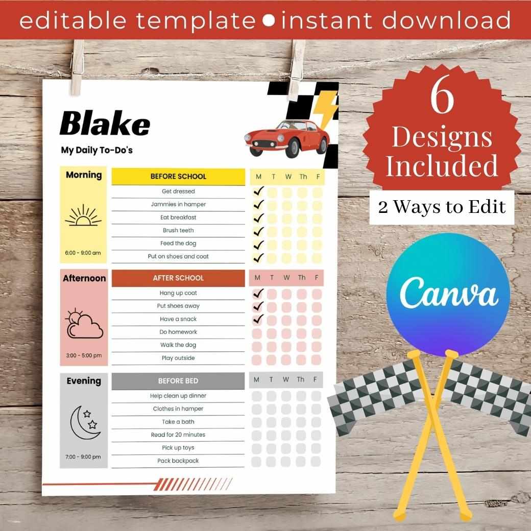 Race Car Editable Daily Routine Checklist by Birchmark Designs