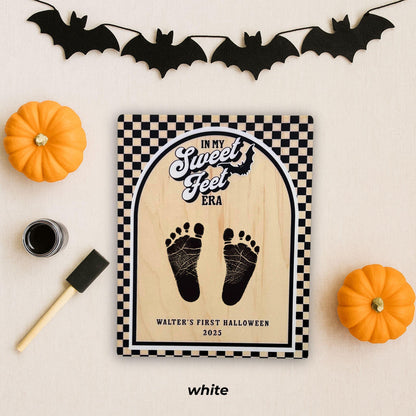 Black and white retro checkerboard Halloween footprint keepsake