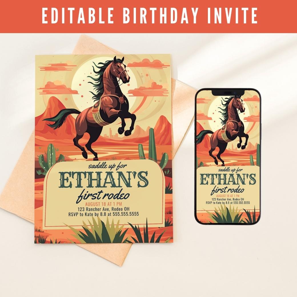 Saddle Up First Rodeo Birthday Invitation by Birchmark Designs