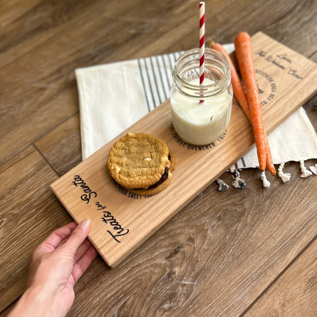 Personalized santa cookie tray filled with treats