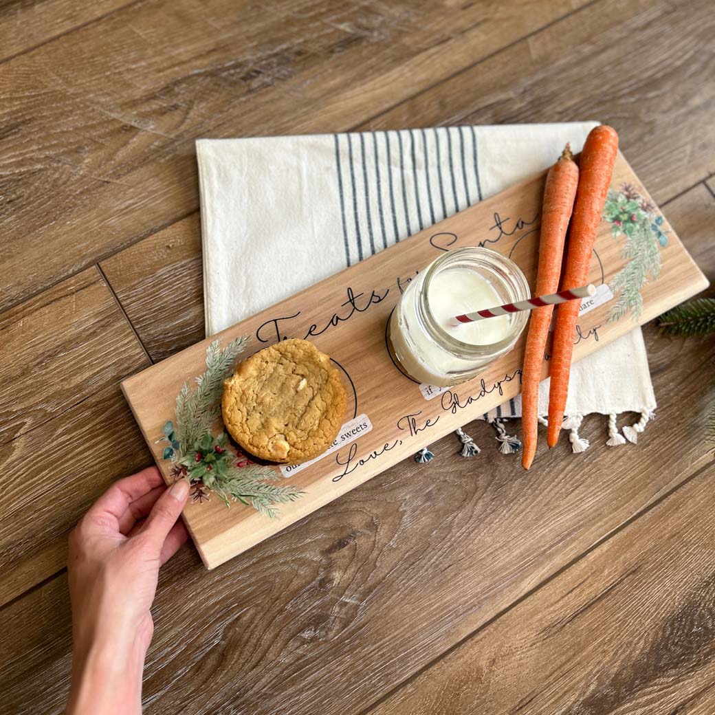 Personalized treats for santa evergreen cookie tray getting picked up