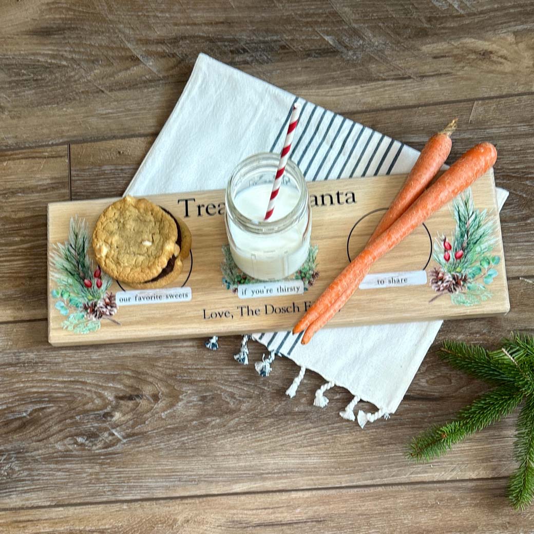 Personalized festive santa cookie tray filled with treats