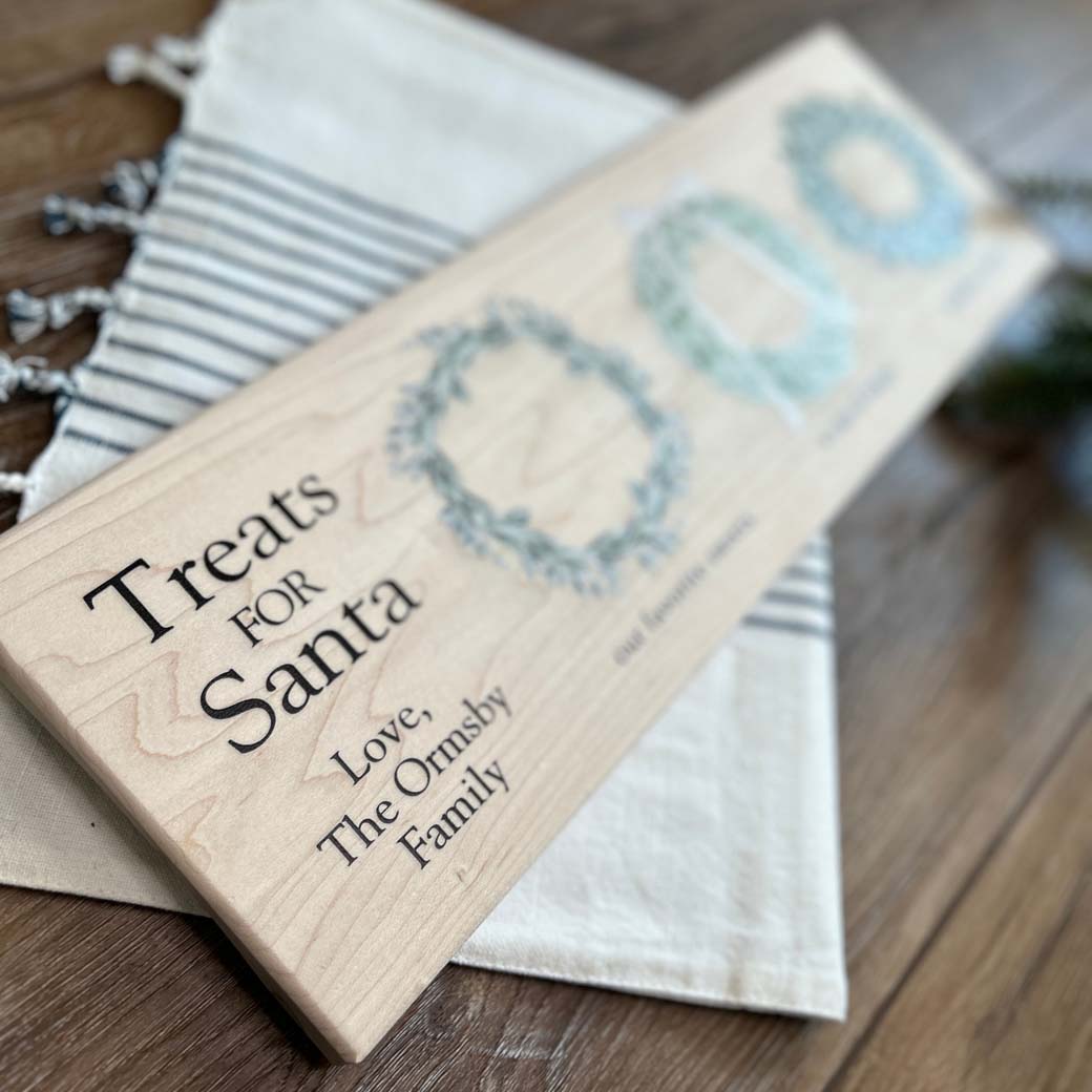 Personalized farmhouse santa cookie tray close up of name