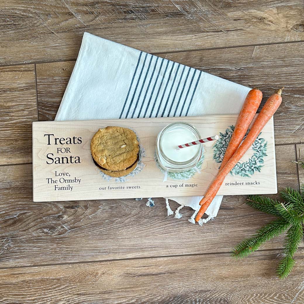 Personalized farmhouse santa cookie tray filled with treats