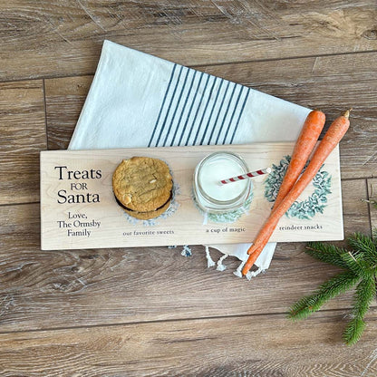 Personalized farmhouse santa cookie tray filled with treats