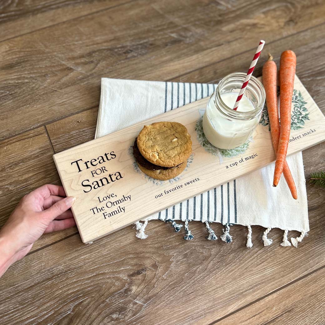 Personalized farmhouse santa cookie tray getting picked up