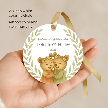 Personalized ceramic Christmas ornament with hugging bears, for sisters or young girls