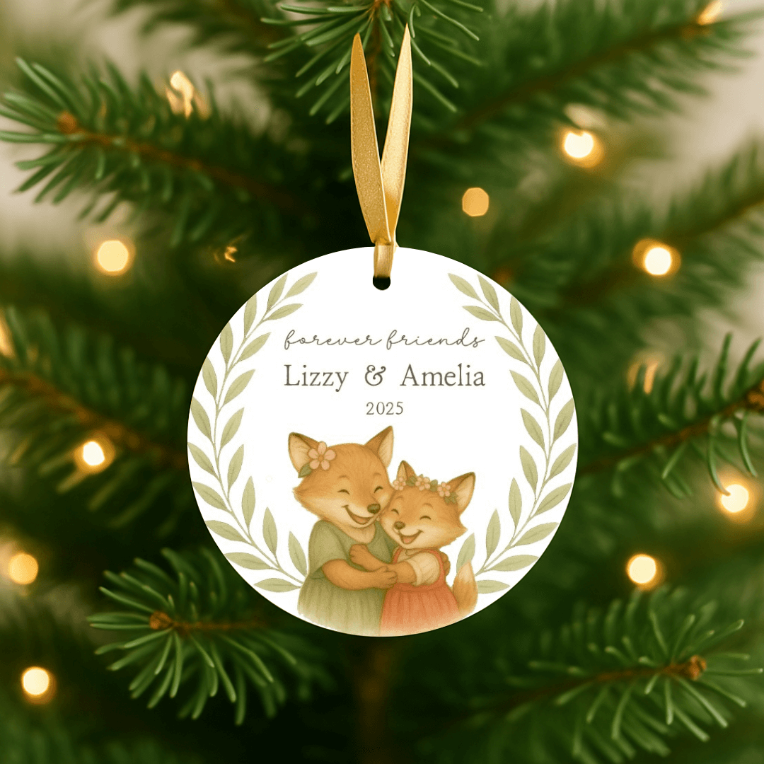 Personalized ceramic Christmas ornament with hugging foxes, for sisters or young girls, hanging on a Christmas tree