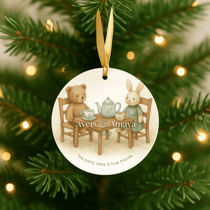 Personalized ceramic Christmas ornament with a tea party design, for sisters or young girls, hanging on a Christmas tree