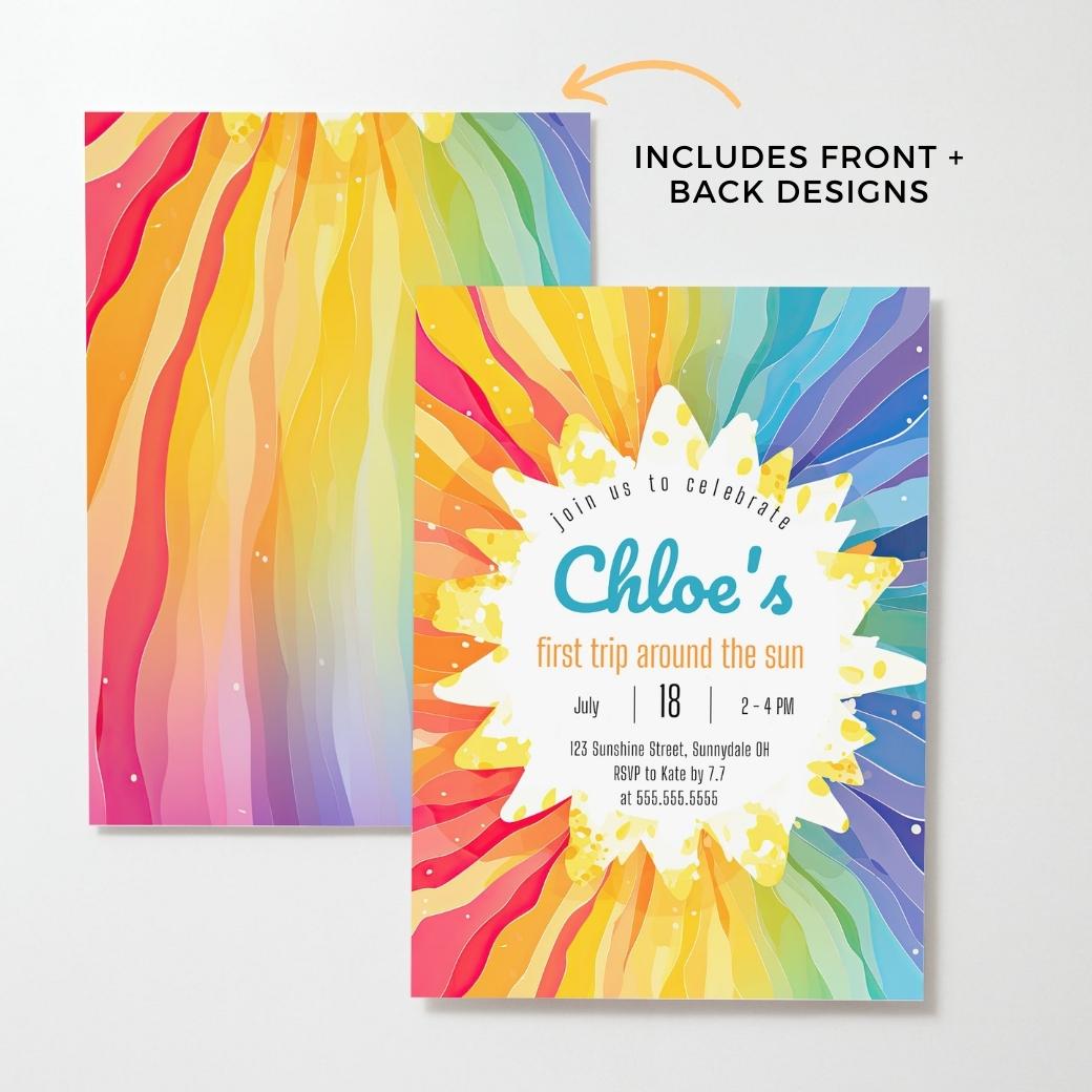 Sunshine Rainbow First Birthday Invite by Birchmark Designs