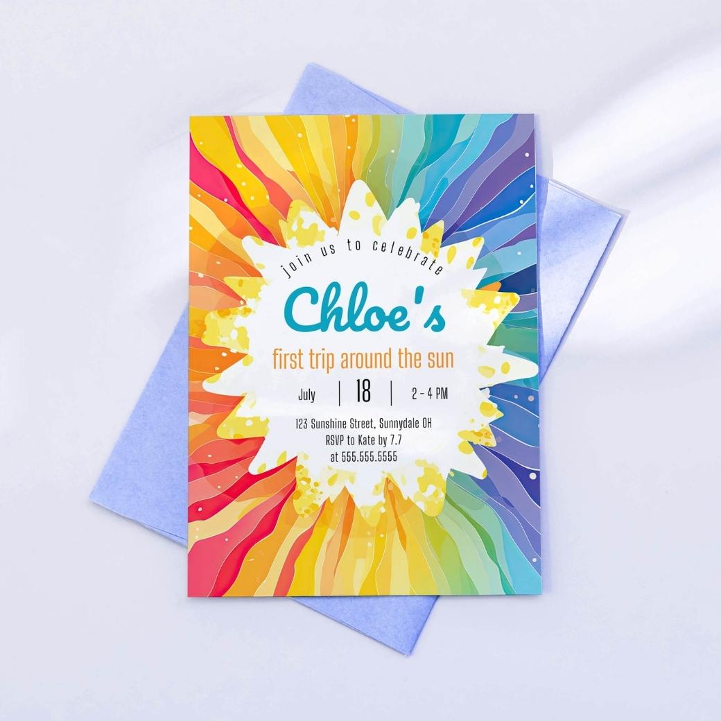 Sunshine Rainbow First Birthday Invite by Birchmark Designs