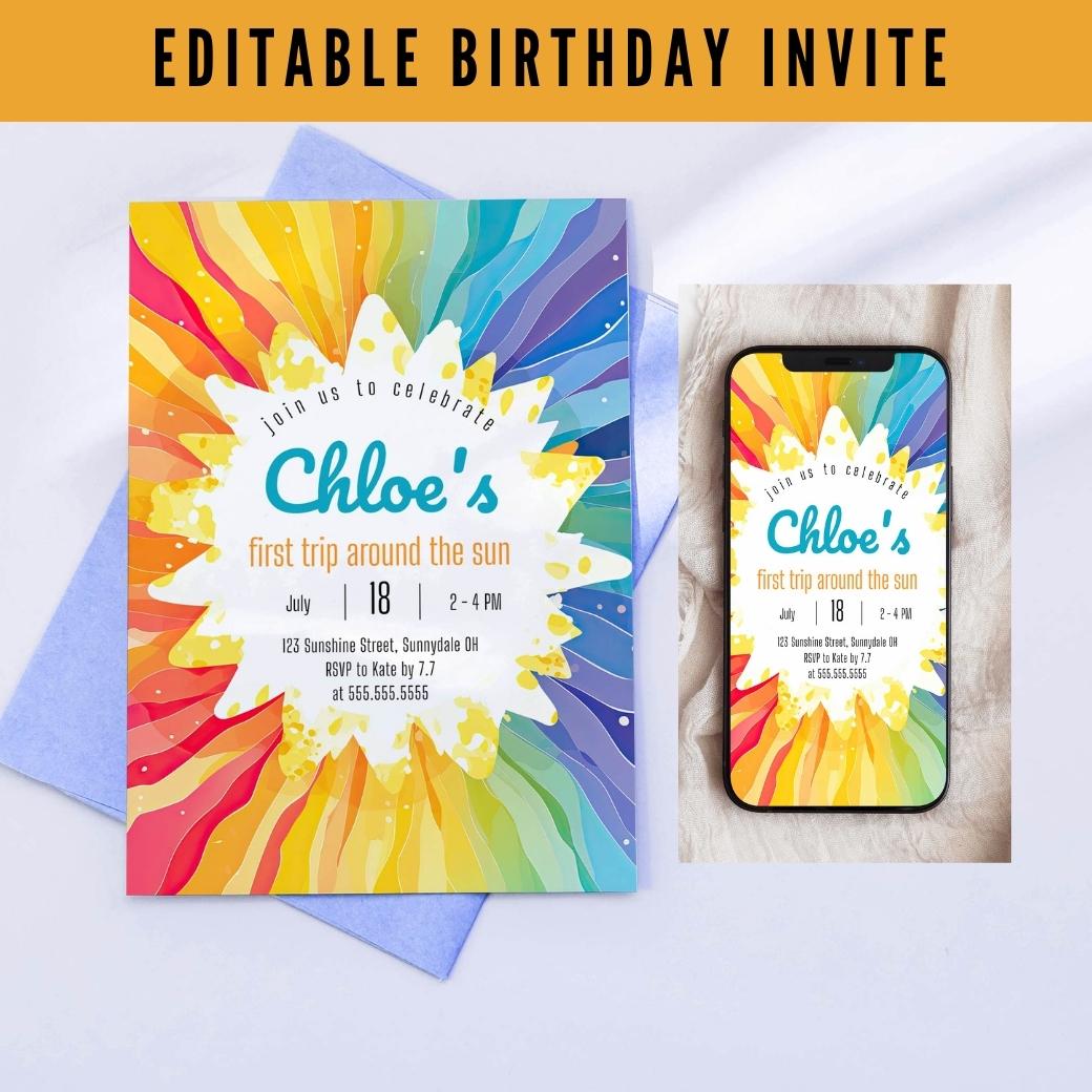 Sunshine Rainbow First Birthday Invite by Birchmark Designs