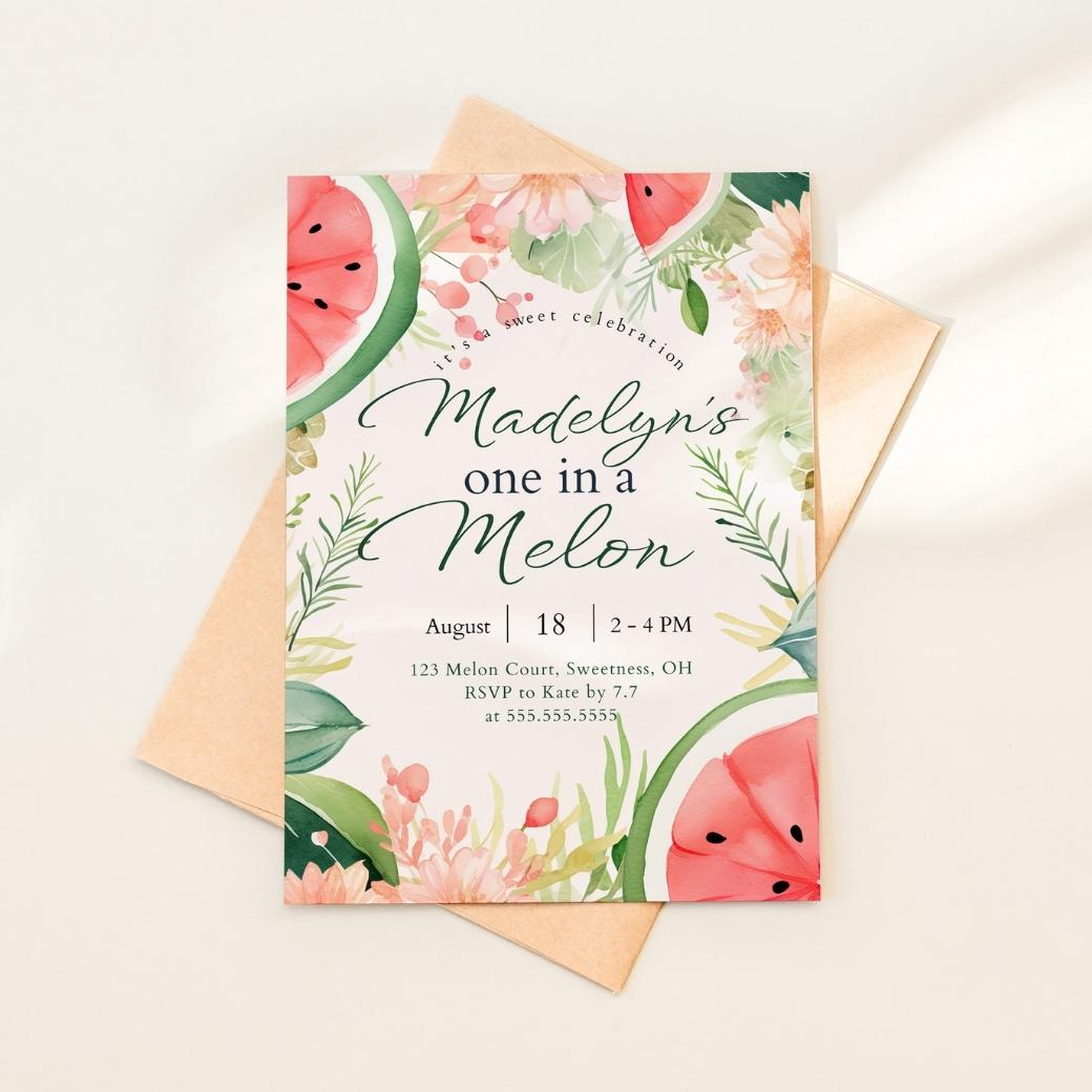 Sweet Slice One in a Melon First Birthday Invite by Birchmark Designs