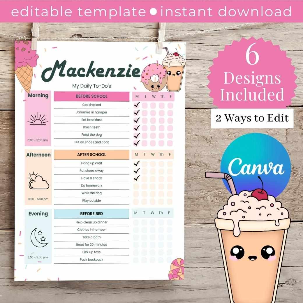 Cute Designs Small Routine Sweet Tooth Editable Daily Routine Checklist – Birchmark Designs