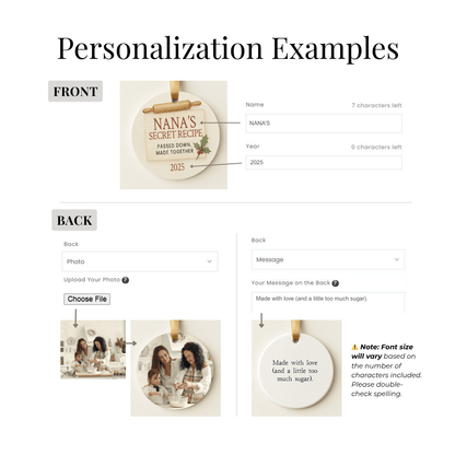 Personalization examples for ceramic christmas ornaments