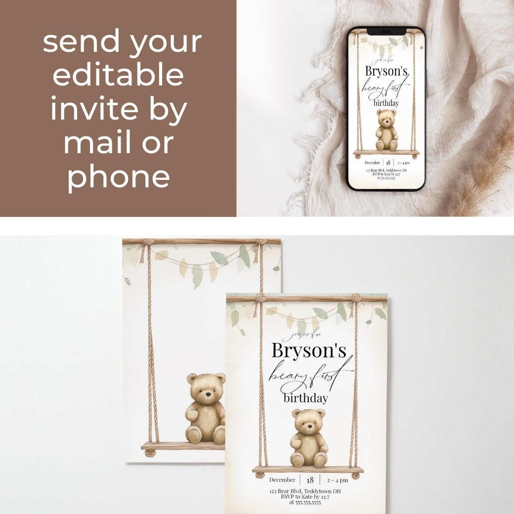 Teddy Bear First Birthday Invite by Birchmark Designs