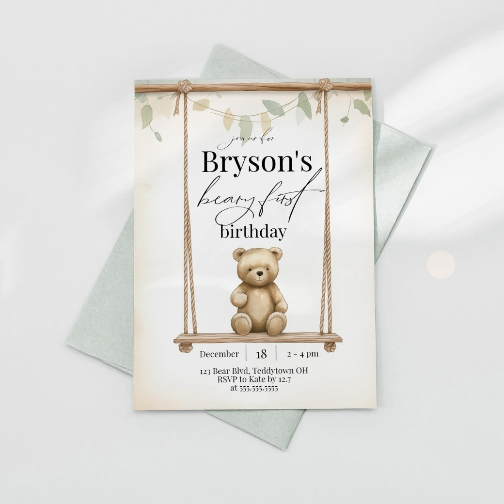 Teddy Bear First Birthday Invite by Birchmark Designs