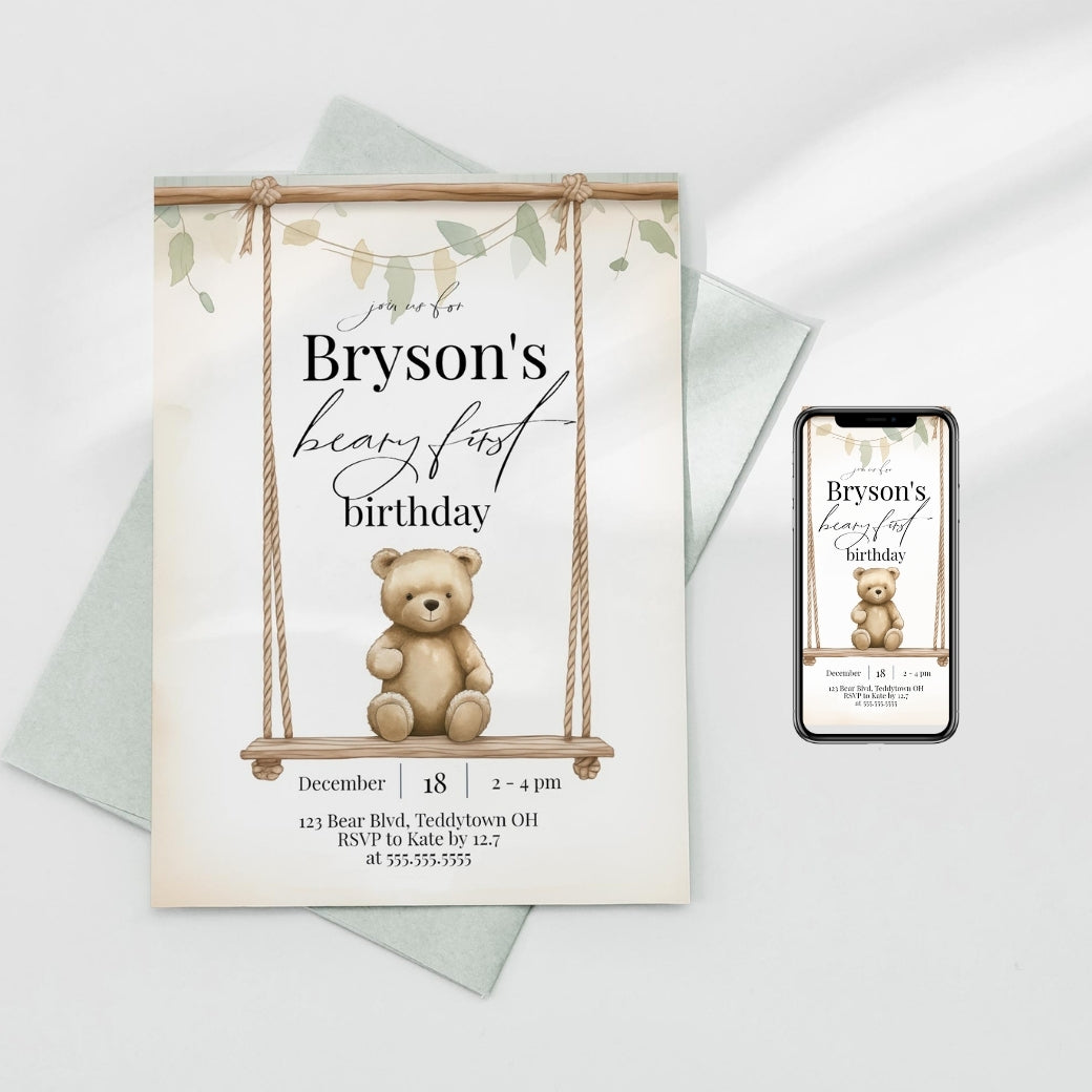 Teddy Bear First Birthday Invite by Birchmark Designs