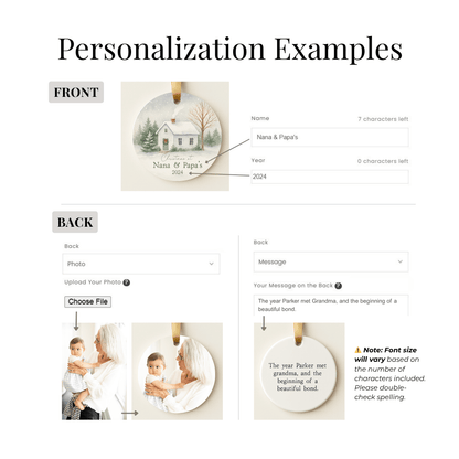 Product page with customization options for a personalized Christmas ornament, including text input fields and photo upload areas.