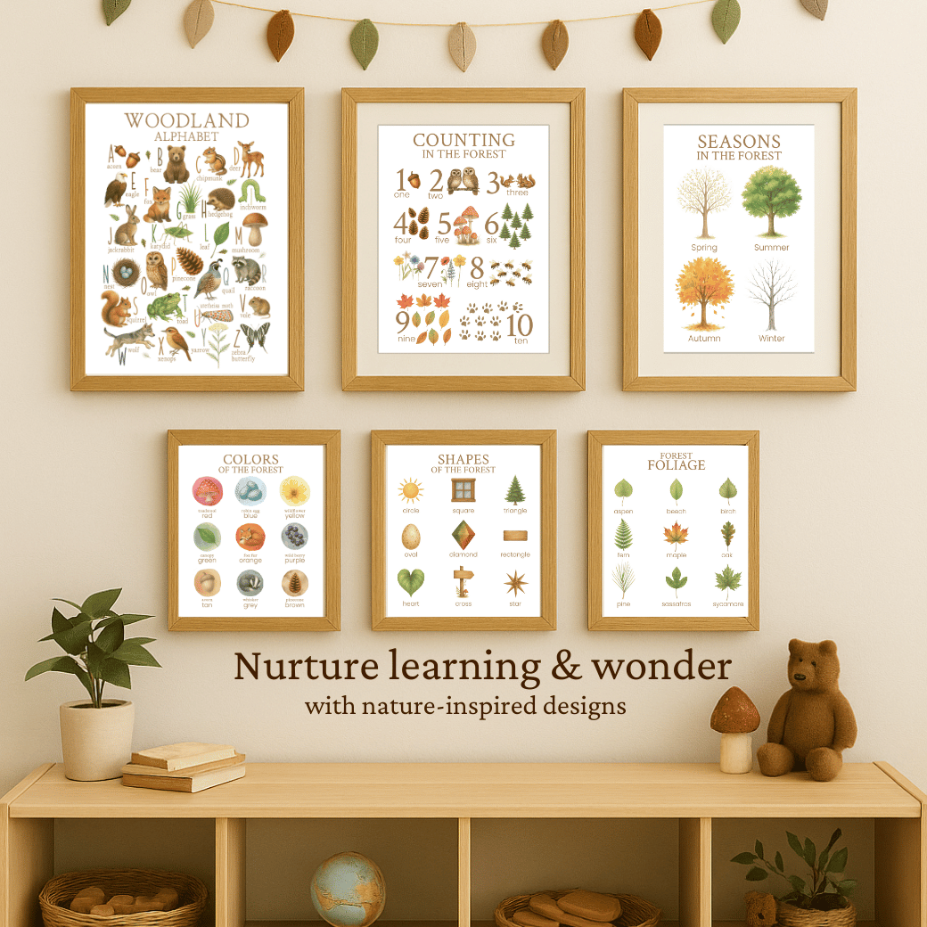 Set of six framed educational posters in a woodland theme for a homeschool or early learning classroom.