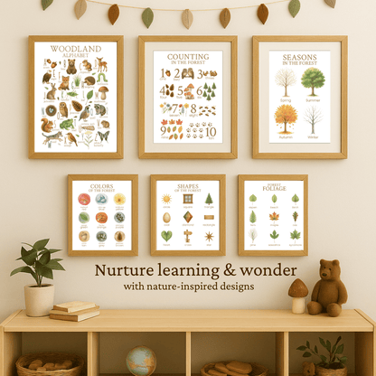 Set of six framed educational posters in a woodland theme for a homeschool or early learning classroom.