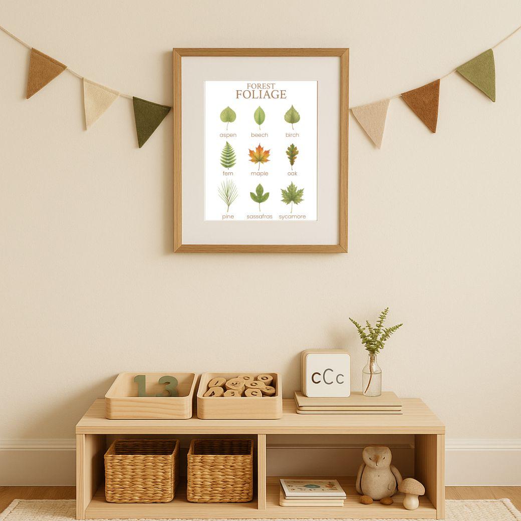 Framed leaf print above a wooden shelf with toys and decor for an early learning or homeschool classroom