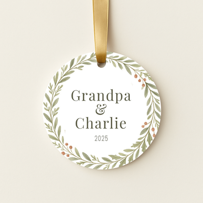 Personalized Christmas ornament with a delicate wreath of sprigs and berries