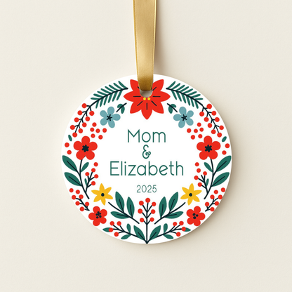 Decorative personalized Christmas ornament with floral wreath design