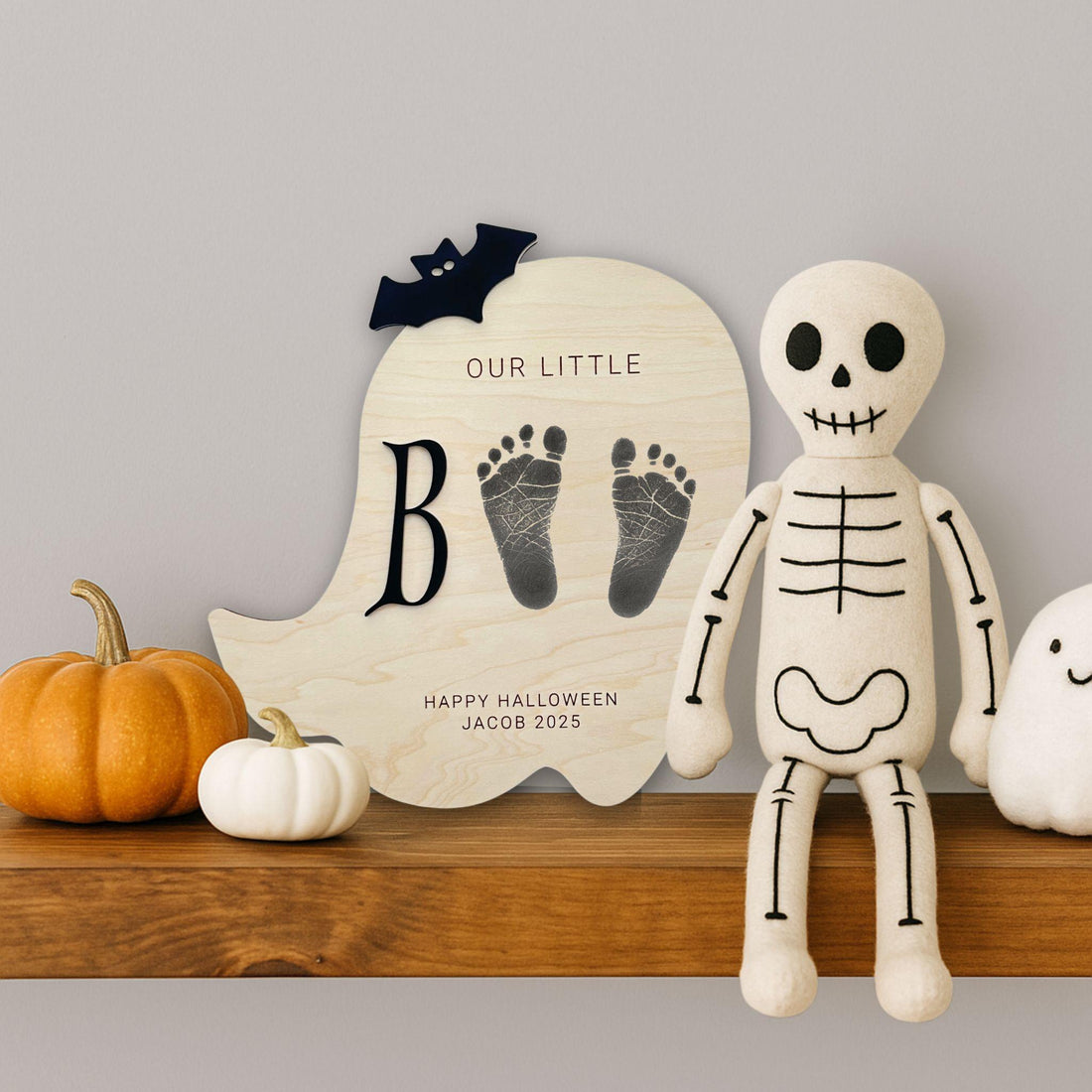 Ghost-shaped Halloween footprint keepsake sign with “Our Little Boo”