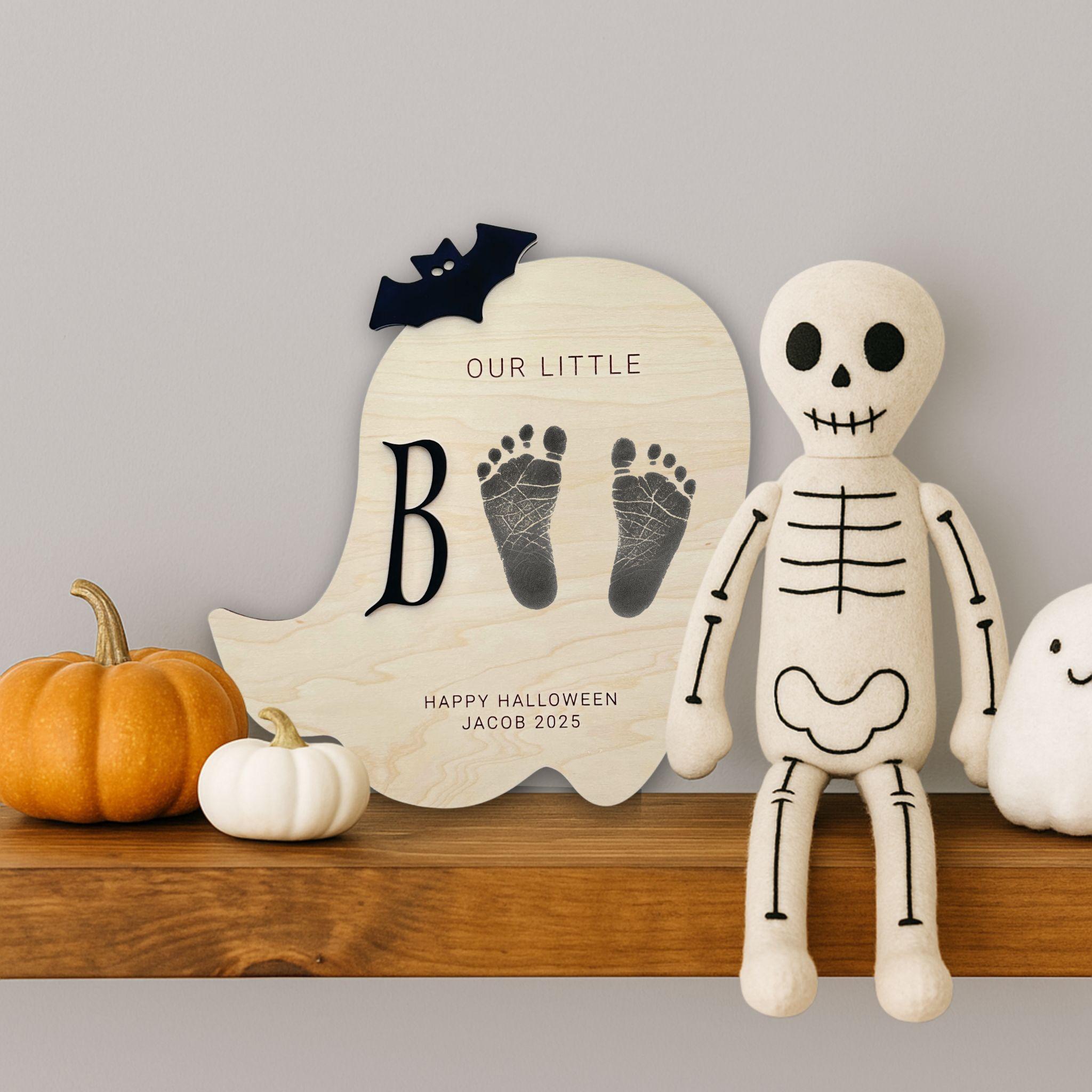 Ghost-shaped Halloween footprint keepsake sign with “Our Little Boo”