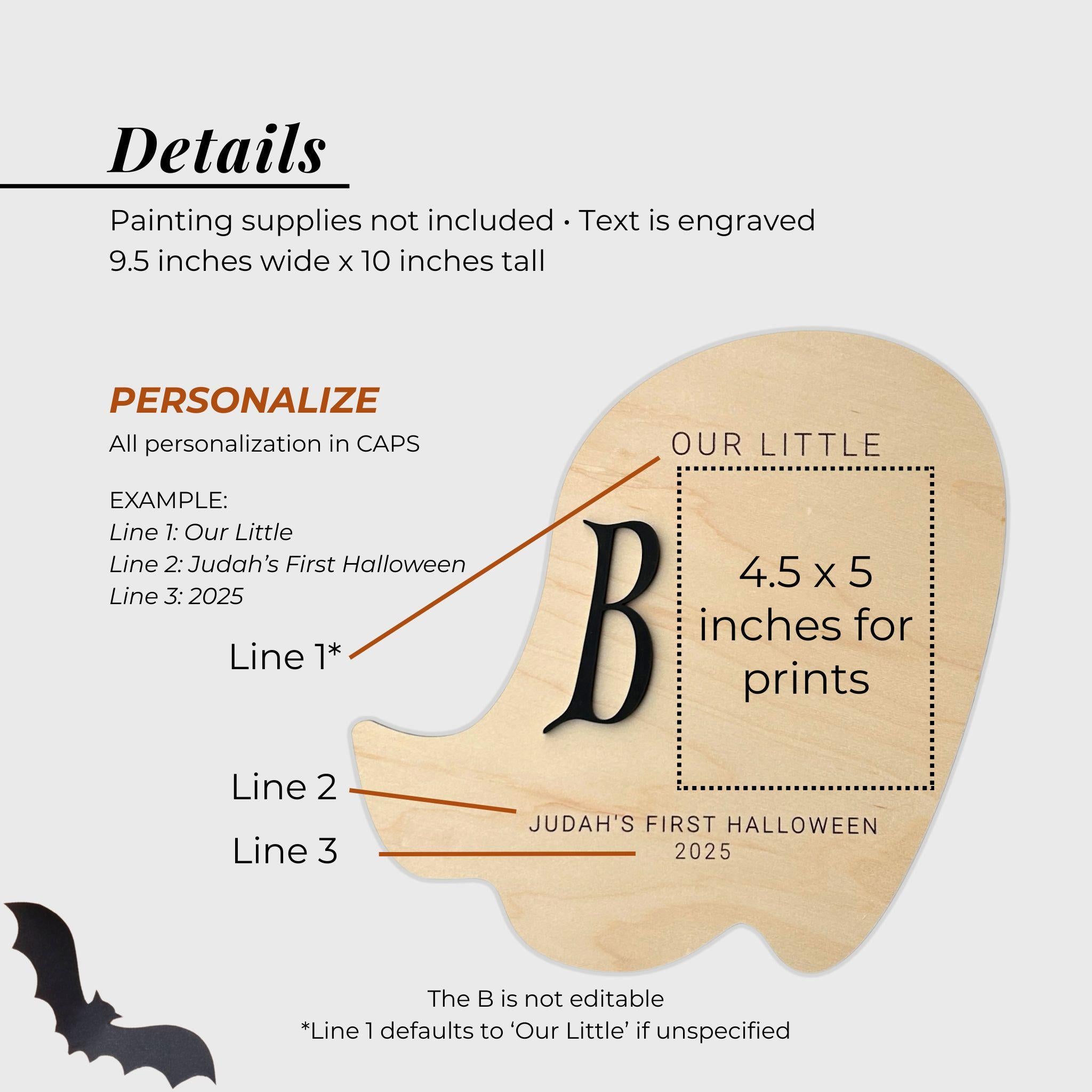 Wooden ghost cutout with engraved text for personalization, featuring a Halloween theme
