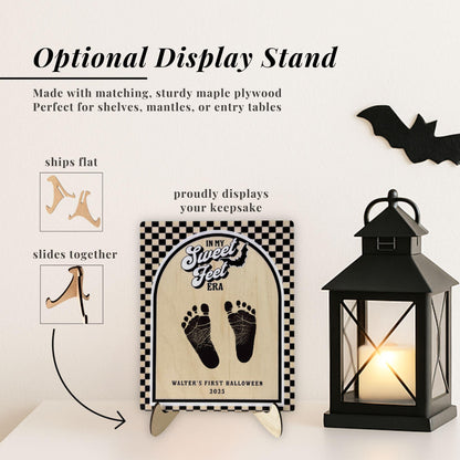 Retro checkerboard Halloween footprint keepsake sign on display stand