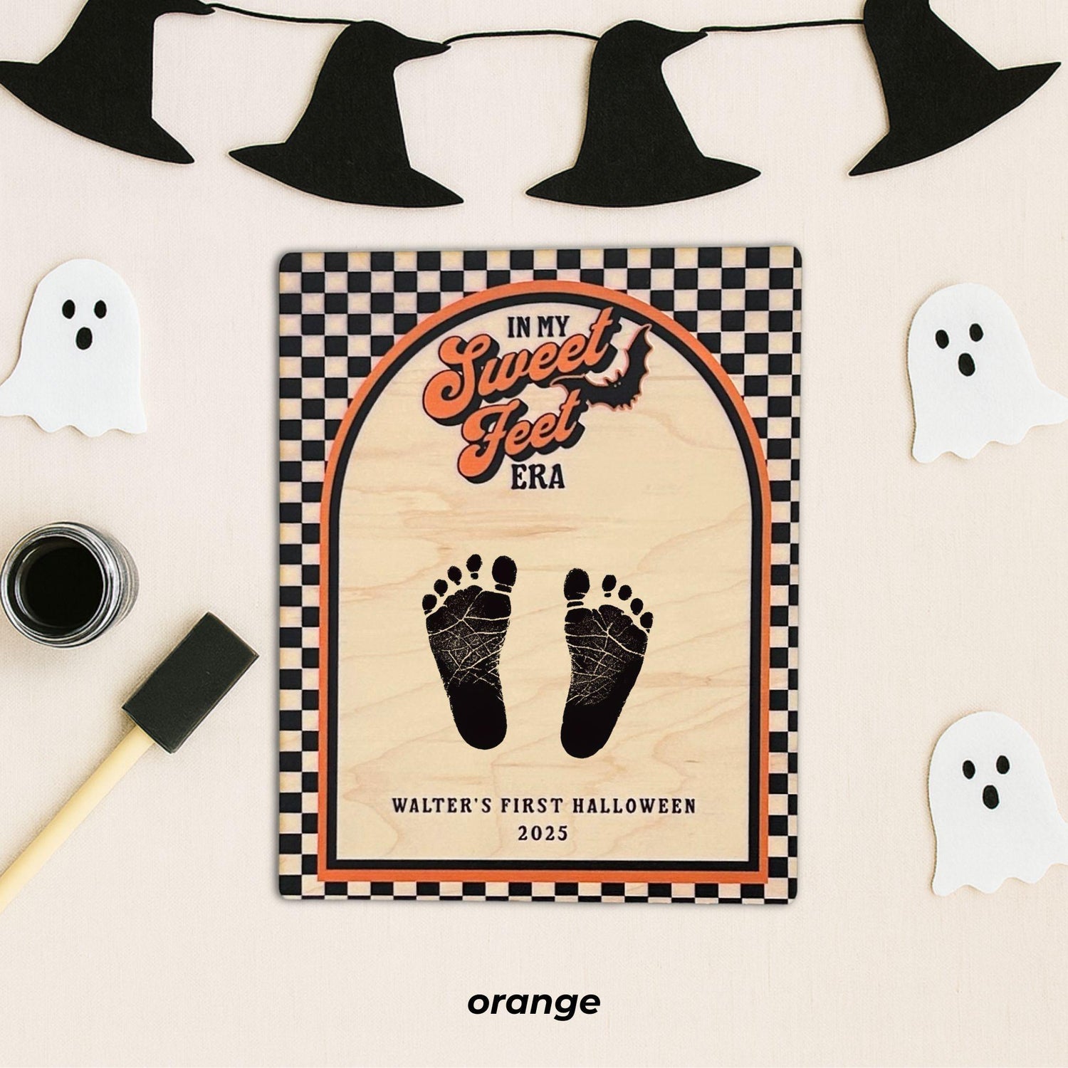 Retro inspired baby keepsake sign for capturing Halloween footprints